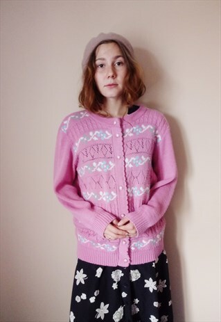 VINTAGE 50S 60S HOT PINK GRANNY FLORAL AUTUMN FALL JUMPER