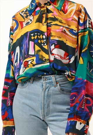 80S ABSTARCT MULTICOLOR PATTERN BLOUSE VINTAGE SHIRT 1122