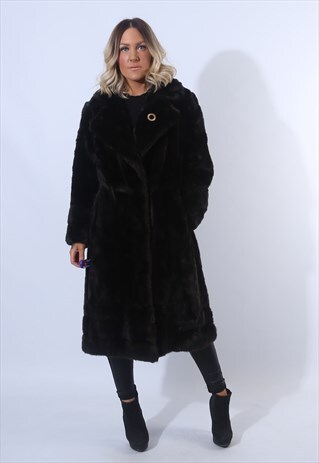 FAUX FUR COAT JACKET LONG VINTAGE UK 12 (F94F)