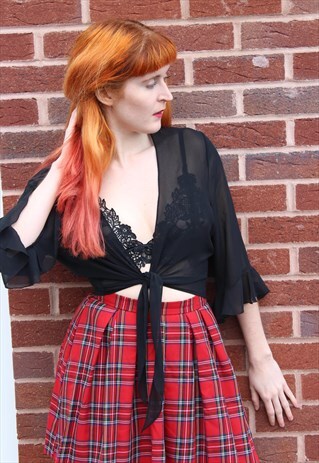 VINTAGE 80'S BLACK SHEER RUFFLE WRIST FESTIVAL CROP TOP