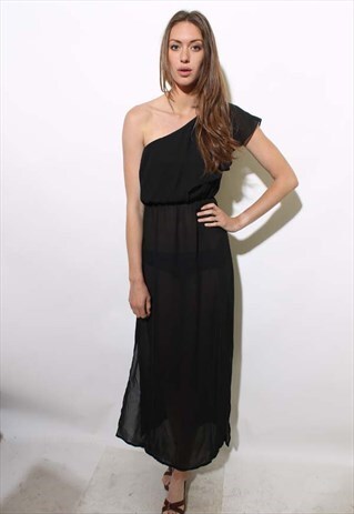 VINTAGE 1970'S 70'S ONE SHOULDER SHEER CHIFFON MAXI GOWN S-M