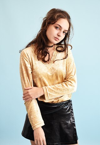 90'S RETRO VELVET NEUTRAL SHIMMER TRIMMED KITSCH PARTY TOP