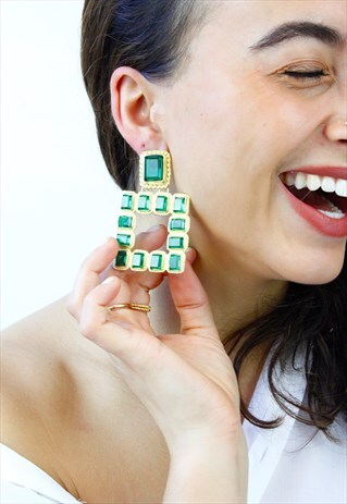 GOLD GREEN SQUARE JEWEL DROP DANGLE EARRINGS