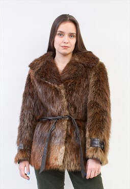 Vintage Women's L XL Faux Fur Coat Overcoat Jacket Belted