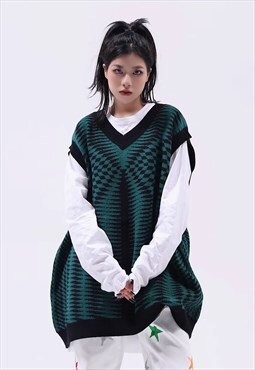 Check print sleeveless sweater chess board pattern top green