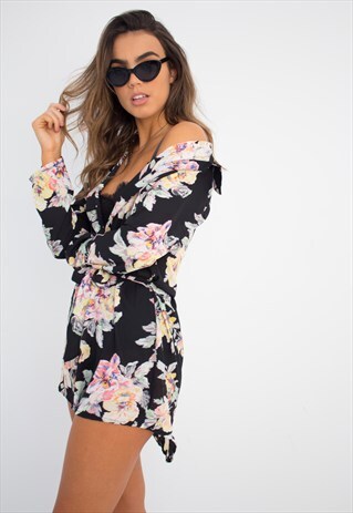 BLACK FLORAL CHIFFON SHIRT DRESS