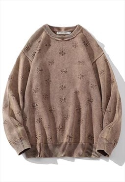 Snowflake jumper acid wash jumper brown distressed knit top