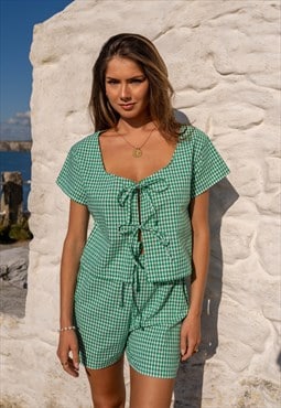 Jade Green Gingham Cotton Summer Shorts