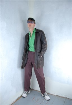 Vintage 90's baggy leather unisex long coat jacket in brown 