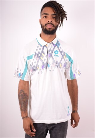 LOTTO MENS VINTAGE POLO SHIRT MEDIUM WHITE 90S