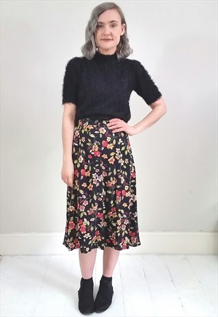 VINTAGE 90'S BLACK AND PINK FLORAL BUTTON DOWN MIDI SKIRT