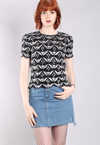 VINTAGE 80S METALLIC EMBROIDERED SILK BEADED TOP