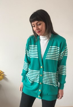 Vintage 80s Green and White Striped Cardigan