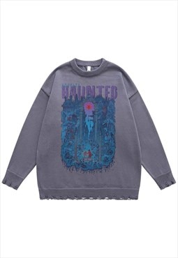 Creepy sweater haunted jumper ripped knitted top in grey