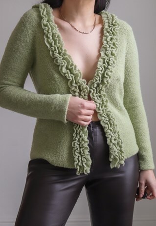 VINTAGE Y2K RUFFLE EDGED CARDIGAN IN GREEN