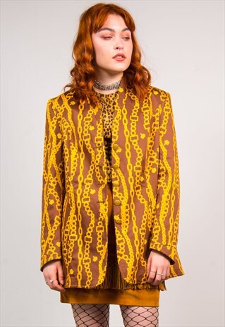 VINTAGE 80'S BROWN CHAIN PRINT BLAZER STYLE JACKET