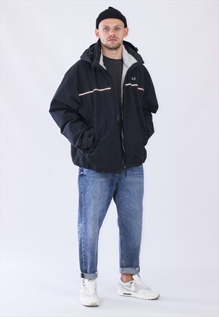 VINTAGE MENS FRED PERRY WARM HOODED JACKET FLEECE LINING