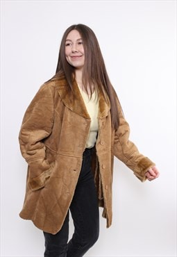 90s Penny lane coat, vintage brown overcoat, faux fur jacket