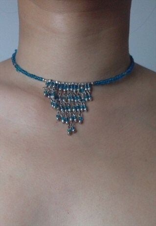 BLUE BEADED FRINGE CHOCKER