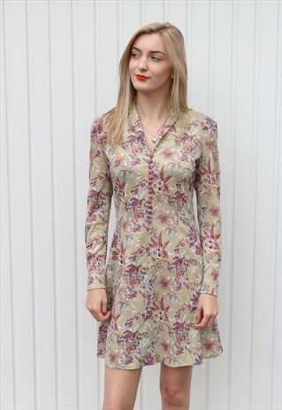 VINTAGE 80'S BEIGE & PURPLE FLORAL PRINT DRESS WITH BUTTONS