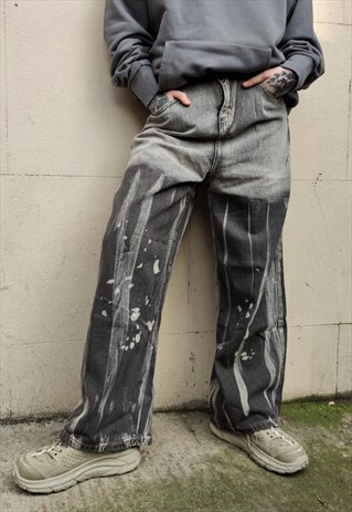 WASHED OUT JEANS ACID SPLATTER STRAIGHT FIT DENIM PANTS