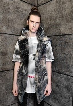 Tie-dye fleece gilet handmade gradient hoodie jacket in grey