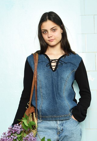 VINTAGE Y2K BOHO HIPPIE DENIM & KNIT LACE-UP BLOUSE TOP