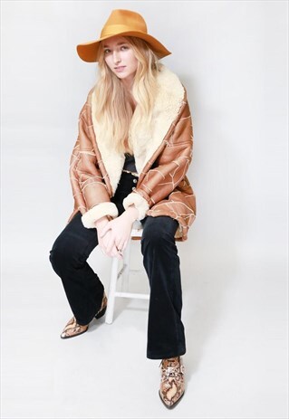 VINTAGE 1980'S SLOUCHY PATCHED BROWN SHEARLING AVIATOR COAT