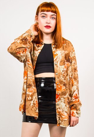 VINTAGE 90'S ORANGE FLORAL PRINT AUTUMNAL SHIRT