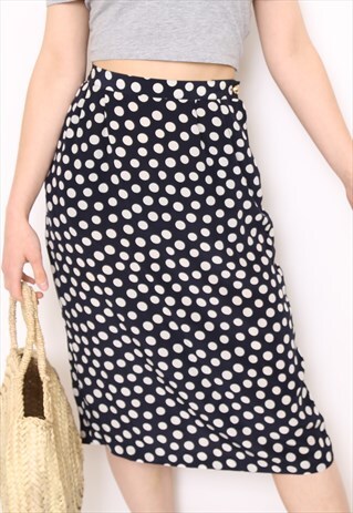 VINTAGE 90S SILK NAVY POLKADOT MIDI SKIRT