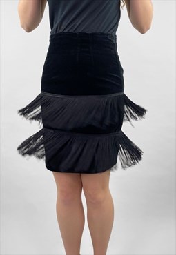 80's Black Velvet Vintage Pencil Skirt Black Tassel Fringing