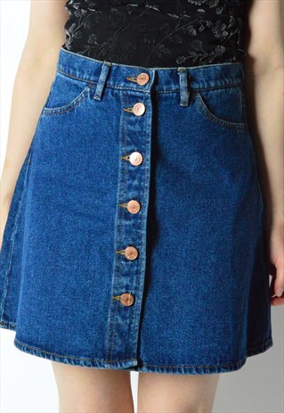 BLUE A-LINE BUTTON FRONT DENIM MINI SKIRT