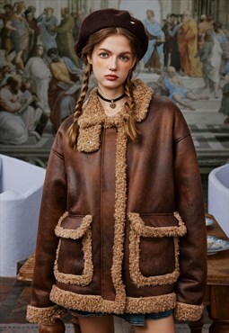 Faux leather winter jacket fleece bomber sherpa coat brown