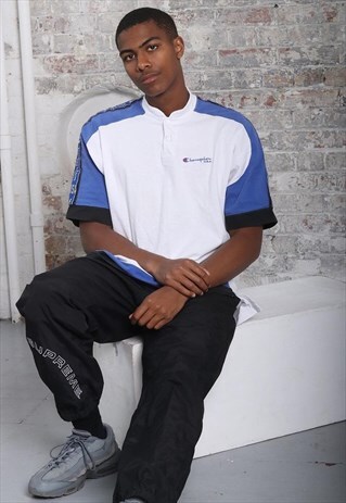VINTAGE CHAMPION TAPE LOGO BUTTON NECK T-SHIRT WHITE