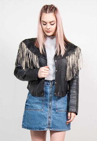 VINTAGE 80'S BLACK LEATHER TASSEL JACKET