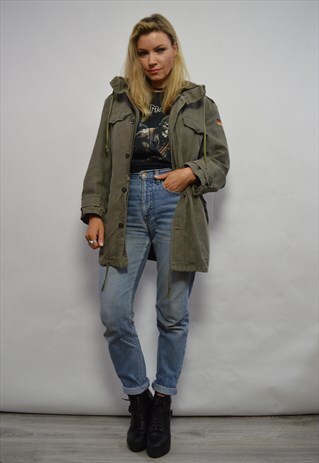 VINTAGE 90S GERMAN ARMY GREEN MILITARY HOODED PARKA COAT