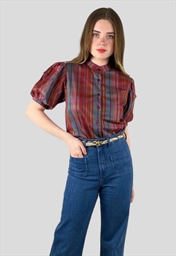 70's Vintage Ladies Short Puff Sleeve Check Shirt Blouse