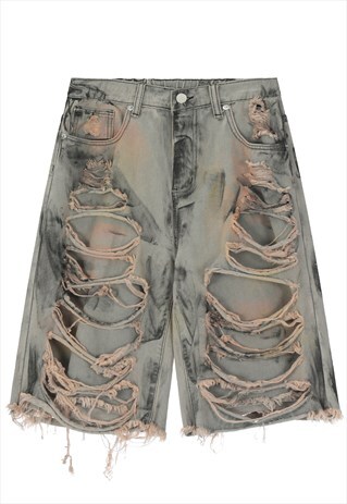SHREDDED DENIM SHORTS SKATER EXTREME RIP JEAN PANTS IN GREY