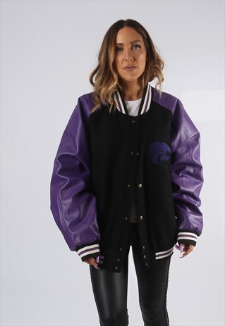 VINTAGE PVC FAUX LEATHER BOMBER JACKET FOOTBALL VARSITY (D4K