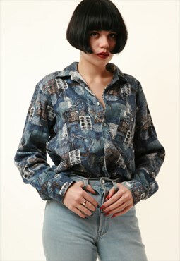 90s  Vintage Abstract Pattern Long Sleeve Shirt 16204