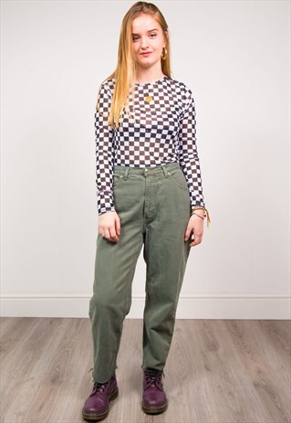 VINTAGE 90'S OLIVE GREEN HIGH WAIST FRAYED HEM MOM JEANS