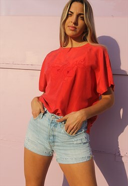 Vintage 80's Red Floral Embroidered Short Sleeve Top