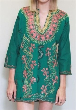 VINTAGE 1970'S PREMIUM EMERALD GREEN EMBROIDERED TUNIC