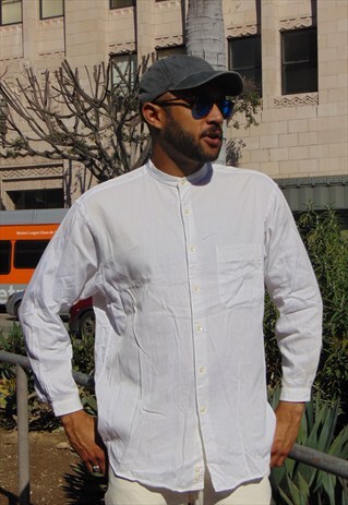 90S MINIMALIST LUXURY WHITE COLLARLESS SHIRT LARGE