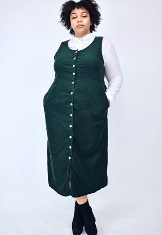 VINTAGE 90'S BOTTLE GREEN LONG CORDUROY BUTTON UP DRESS