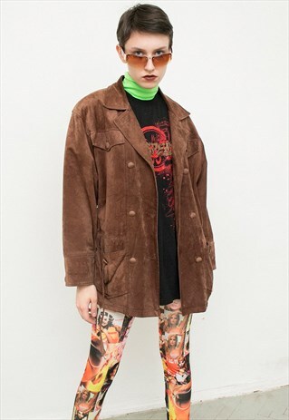 VINTAGE LEATHER JACKET RETRO BROWN SUEDE LONG SLEEVED BELTED