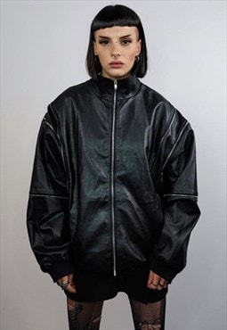 Faux leather biker jacket detachable sleeves rocker bomber