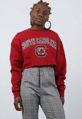VINTAGE CHAMPION MEDIUM RED COLLEGE CROPPED SWEATSHIRT