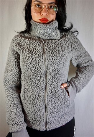 VINTAGE TEXTURED GREY HIGH COLLAR FLEECE JACKET