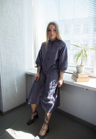 VINTAGE 70'S NAVY CHECKED MIDI DRESS
